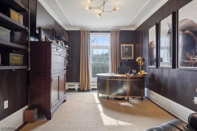 interior space featuring crown molding, light colored carpet, and a chandelier