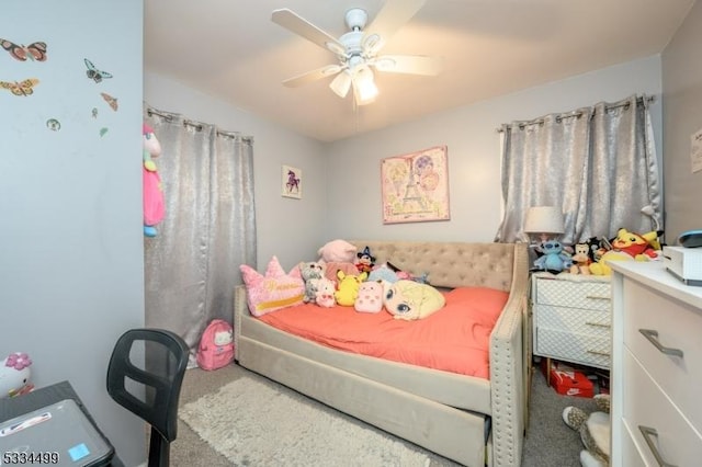 bedroom featuring carpet floors and ceiling fan