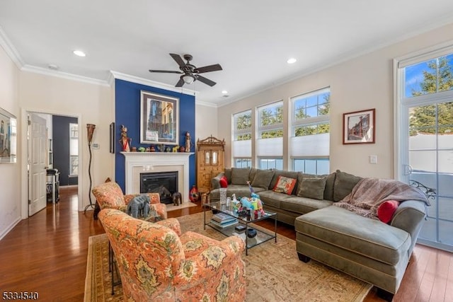 living room with crown molding, ceiling fan, and dark hardwood / wood-style flooring