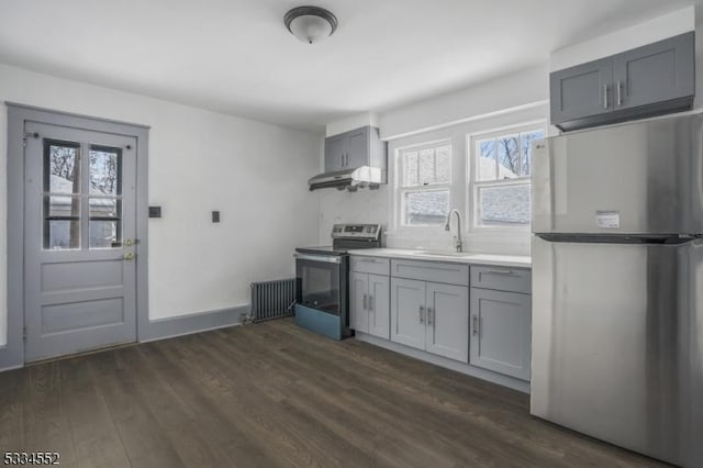 kitchen featuring appliances with stainless steel finishes, radiator heating unit, sink, and gray cabinetry