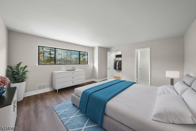 bedroom featuring a walk in closet, dark hardwood / wood-style flooring, and a closet