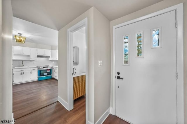 foyer entrance with sink and dark hardwood / wood-style floors