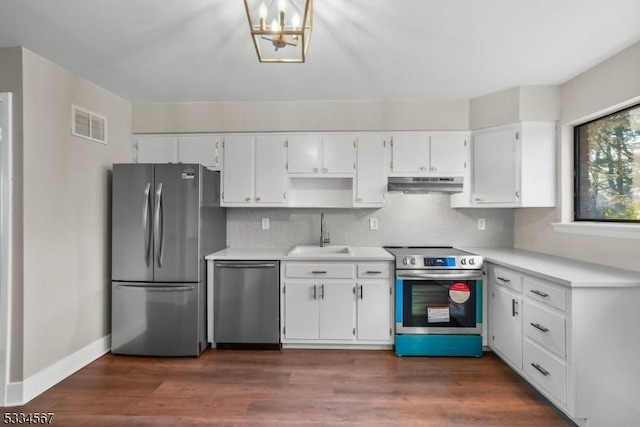 kitchen featuring white cabinetry, sink, backsplash, stainless steel appliances, and dark wood-type flooring