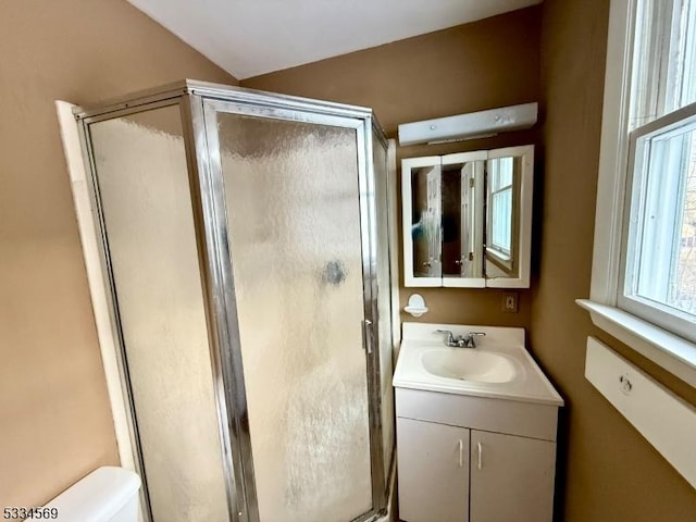 bathroom featuring vanity, a shower with door, toilet, and lofted ceiling