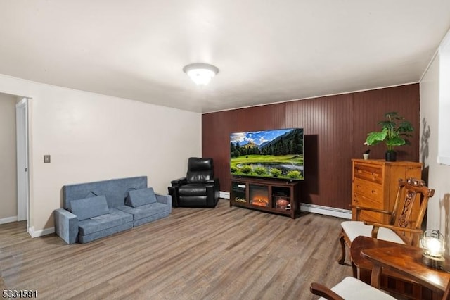 living room with light hardwood / wood-style floors and baseboard heating