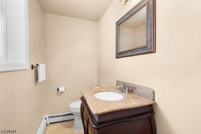 bathroom featuring vanity, toilet, and a baseboard heating unit