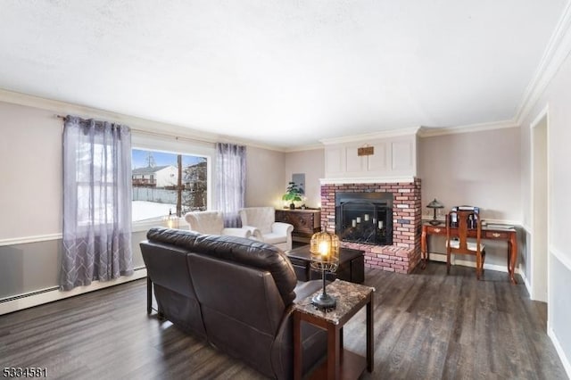 living room featuring crown molding, a fireplace, dark hardwood / wood-style flooring, and a baseboard heating unit