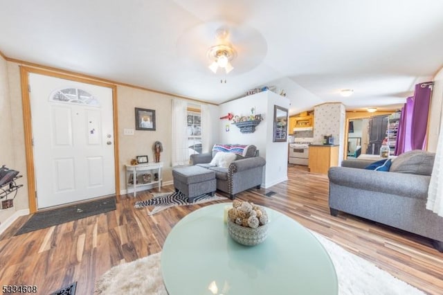 living room featuring vaulted ceiling and hardwood / wood-style floors