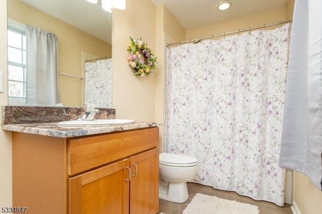 bathroom with hardwood / wood-style flooring, vanity, and toilet