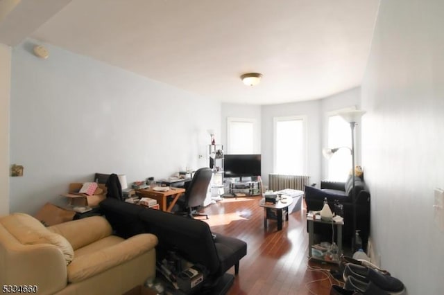 living room featuring wood-type flooring and radiator