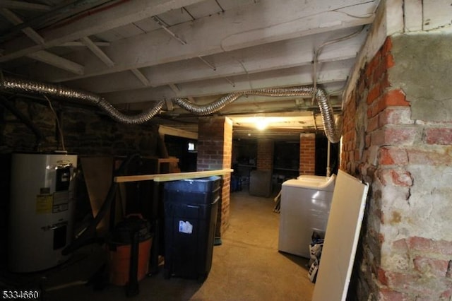 basement with water heater and brick wall