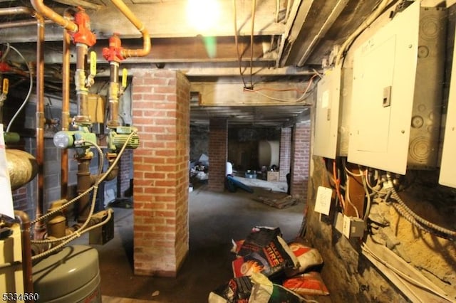 basement with brick wall