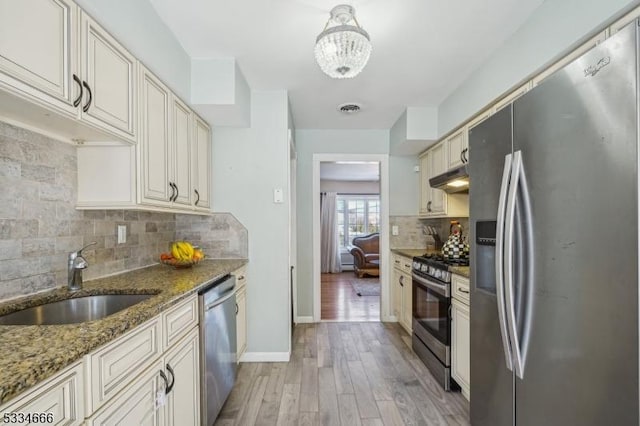 kitchen with sink, tasteful backsplash, dark stone countertops, stainless steel appliances, and light hardwood / wood-style floors