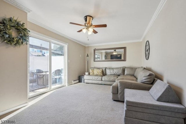 carpeted living room featuring crown molding, ceiling fan, and baseboard heating