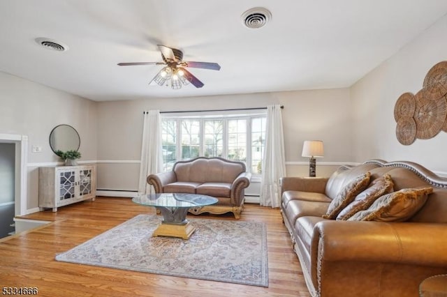 living room featuring baseboard heating, ceiling fan, and light hardwood / wood-style floors