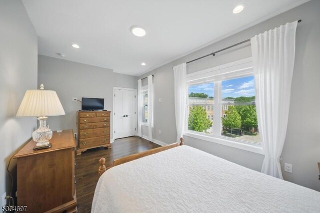 24 Stonybrook Cir, Fairfield Twp, NJ 07004 - bedroom with wood finished floors, recessed lighting, a closet, and baseboards