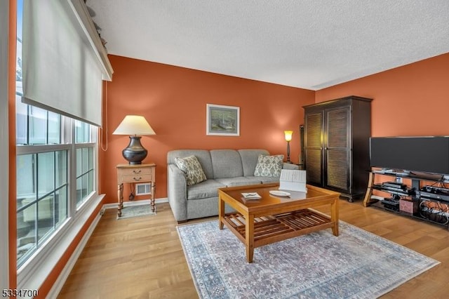 living room with a textured ceiling and light wood-type flooring