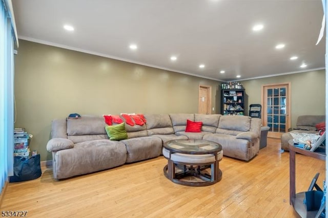 living room featuring crown molding and light hardwood / wood-style floors