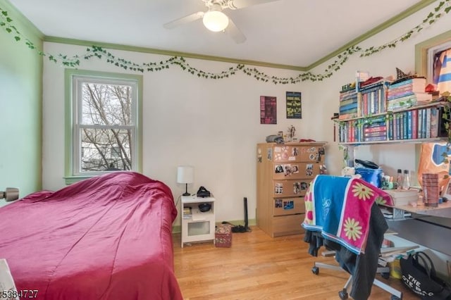 bedroom featuring ornamental molding, ceiling fan, and light wood-type flooring