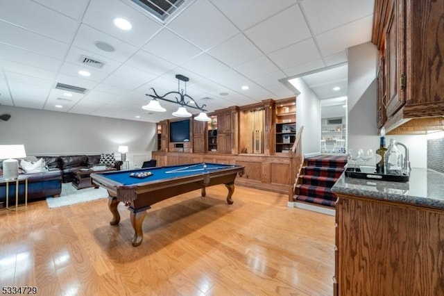 recreation room with a drop ceiling, light wood-type flooring, and billiards