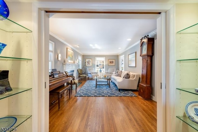 living room with ornamental molding and hardwood / wood-style floors