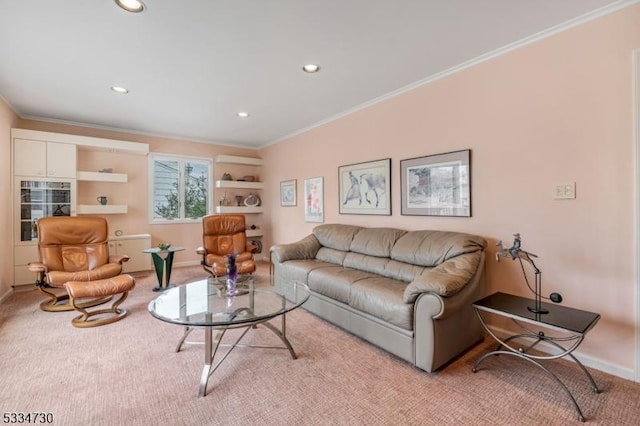 living room with recessed lighting, baseboards, carpet floors, and crown molding