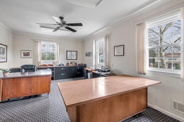 home office featuring ceiling fan, visible vents, and ornamental molding