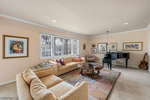 living area with light carpet, recessed lighting, baseboards, and ornamental molding