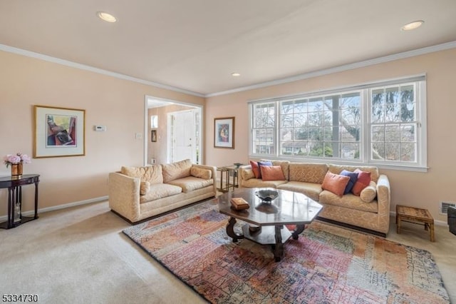 living area featuring recessed lighting, baseboards, carpet, and ornamental molding