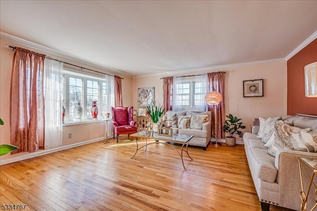 living room with ornamental molding and light hardwood / wood-style flooring