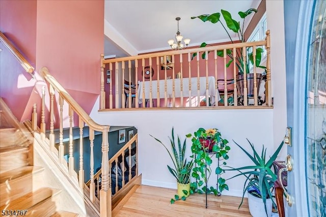 stairway featuring hardwood / wood-style flooring and an inviting chandelier