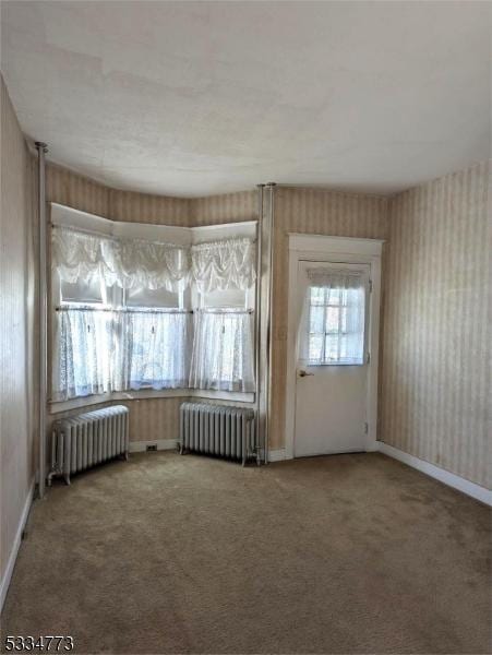 carpeted spare room featuring radiator