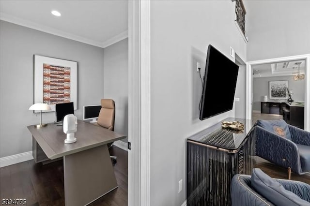 office space with dark wood-type flooring and crown molding