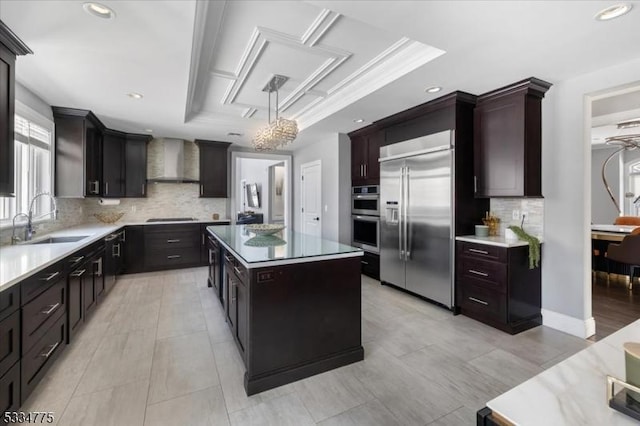 kitchen with sink, stainless steel appliances, a center island, a tray ceiling, and wall chimney exhaust hood