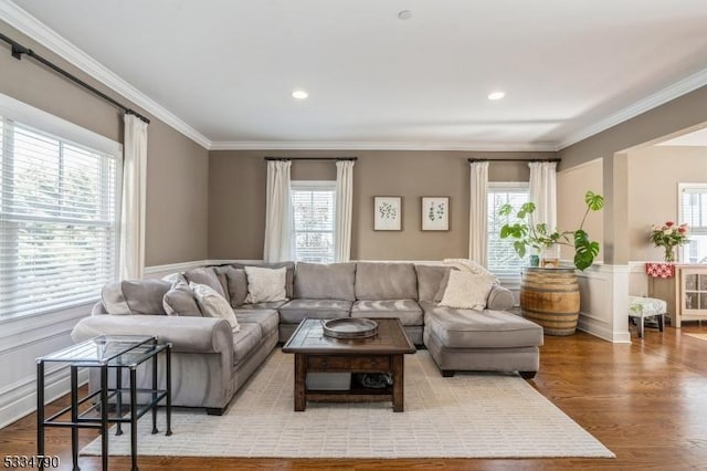 living room featuring crown molding, light wood finished floors, and a healthy amount of sunlight