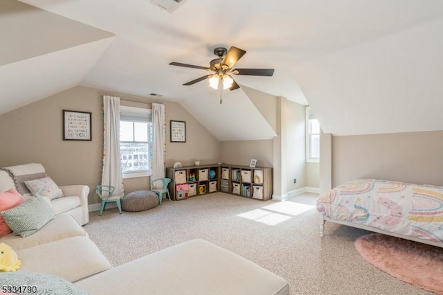 bedroom with light carpet, multiple windows, visible vents, and lofted ceiling