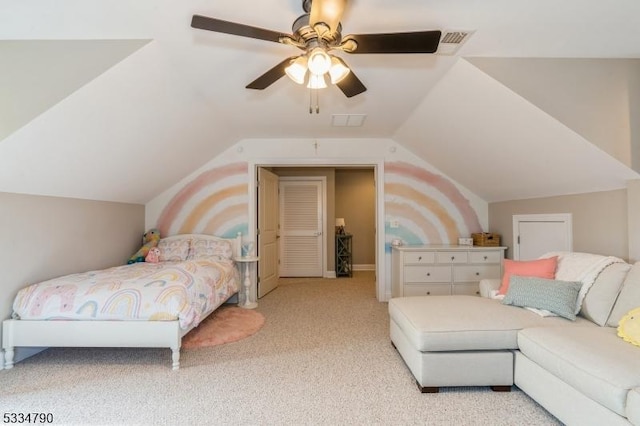 bedroom with vaulted ceiling, visible vents, a ceiling fan, and light colored carpet