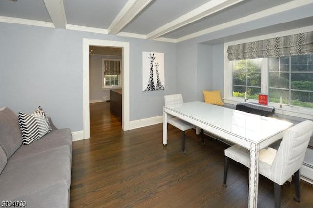 dining room with beamed ceiling, ornamental molding, and dark wood-type flooring