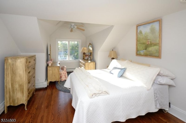 bedroom with ceiling fan, lofted ceiling, dark hardwood / wood-style flooring, and a baseboard radiator