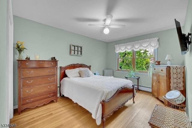 bedroom with a baseboard radiator, light wood finished floors, and ceiling fan