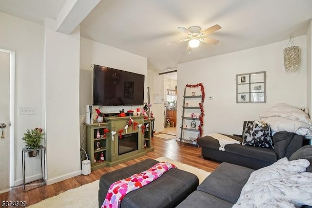 living room featuring ceiling fan and light hardwood / wood-style floors