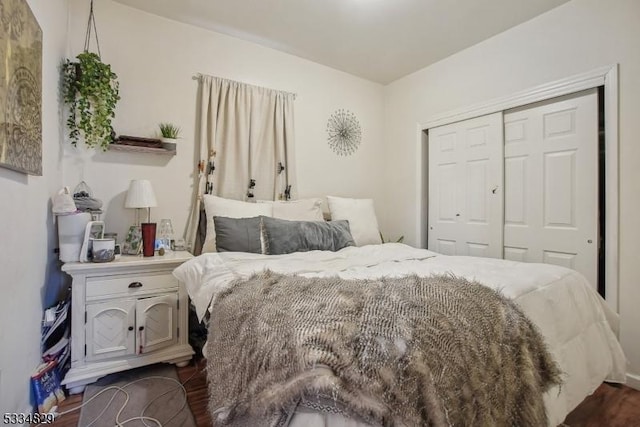 bedroom with dark wood-type flooring and a closet