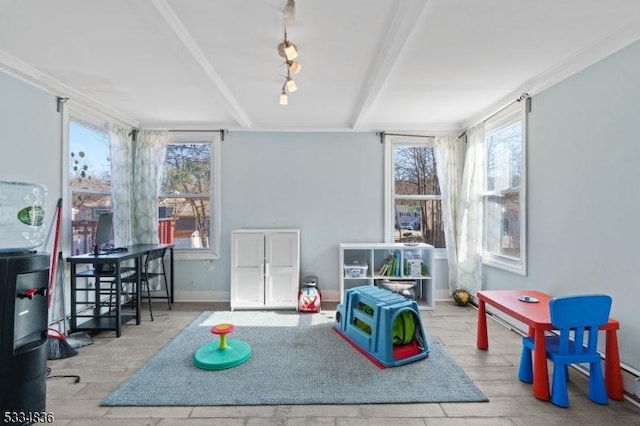 playroom featuring beam ceiling and light hardwood / wood-style floors