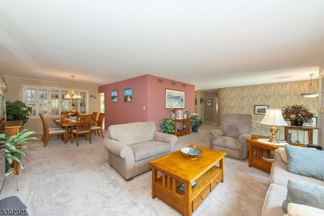 living room featuring light colored carpet