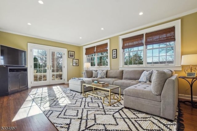 living area featuring french doors, crown molding, baseboards, and wood finished floors