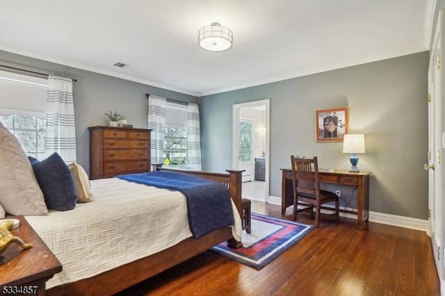 bedroom with ornamental molding, visible vents, baseboards, and wood finished floors