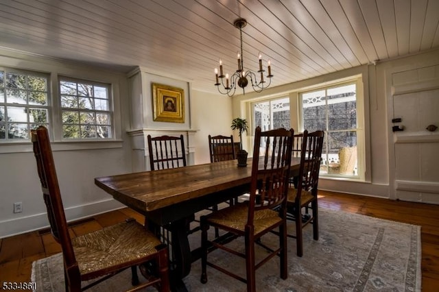 dining room with a notable chandelier, wooden ceiling, and dark hardwood / wood-style floors