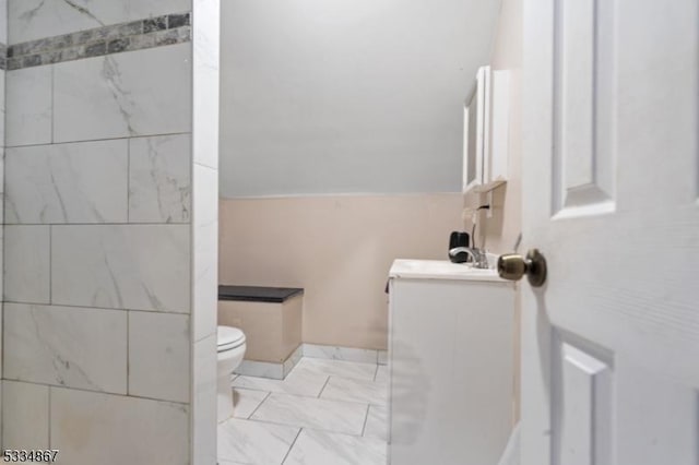 bathroom featuring lofted ceiling, toilet, and sink