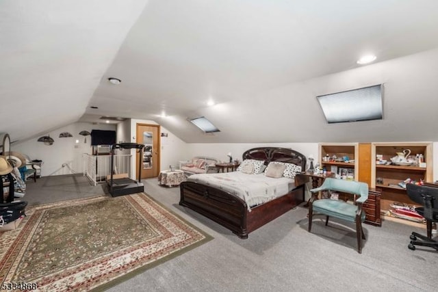 bedroom featuring lofted ceiling and light colored carpet