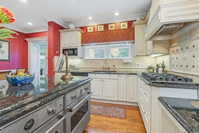 kitchen featuring sink, crown molding, premium range hood, appliances with stainless steel finishes, and light hardwood / wood-style floors